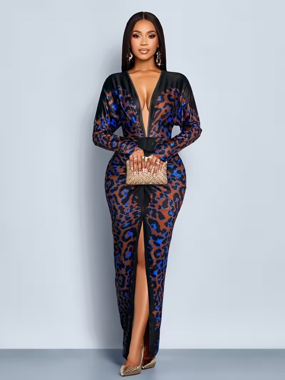 Deep V-Neck Long Sleeve Leopard Print Maxi Dress in Blue and Brown